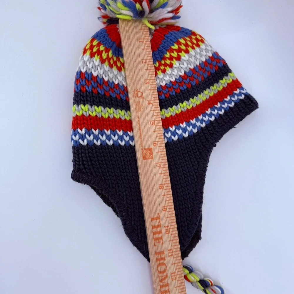 LL Bean Kids Navy Blue Striped Knit Trapper Hat Pom Pom Fleece Lined Small / Med